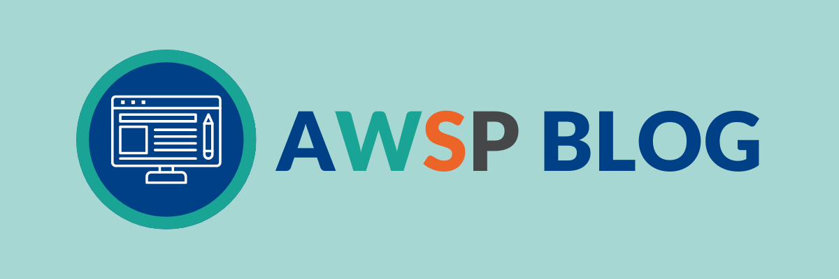 A promotional banner for the AWSP Blog, featuring a web page icon inside a circular badge on a light blue background.