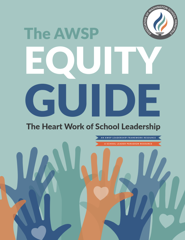 Cover of "The AWSP Equity Guide" with raised multicolored hands and heart symbols on palms.
