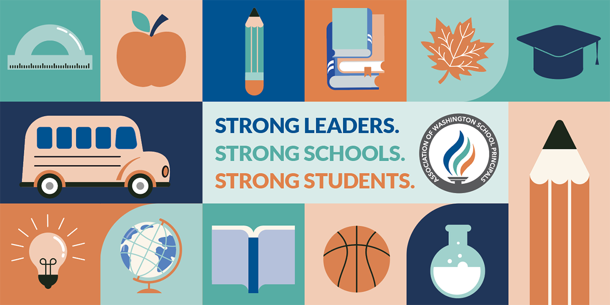 A colorful educational-themed graphic with school-related icons and the phrase "Strong Leaders. Strong Schools. Strong Students."