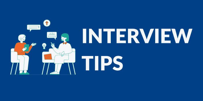 Illustration of two people in an interview with speech bubbles, next to bold text reading "INTERVIEW TIPS."