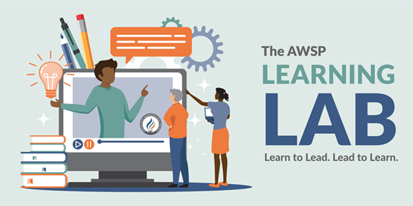 A promotional banner for AWSP Learning Lab featuring illustrated figures engaging in online learning with books, gears, and a lightbulb.