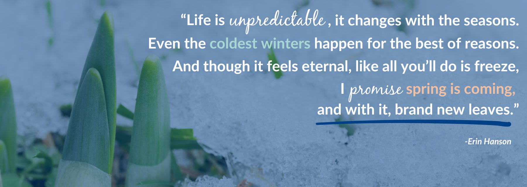 Close-up of green sprouts emerging from snow with an Erin Hanson quote about seasons, change, and the promise of spring.