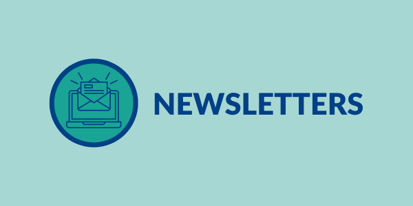 A promotional banner for newsletters, featuring an email icon inside a circular badge on a light blue background.