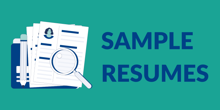 Illustration of resumes with a magnifying glass, next to bold text reading "SAMPLE RESUMES."