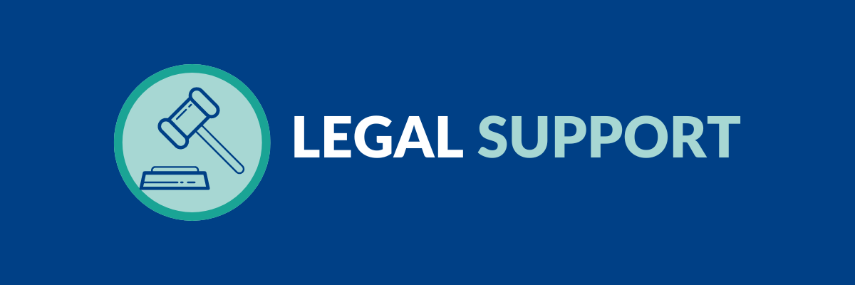 Banner for legal support, featuring a gavel icon inside a circular badge on a dark blue background.