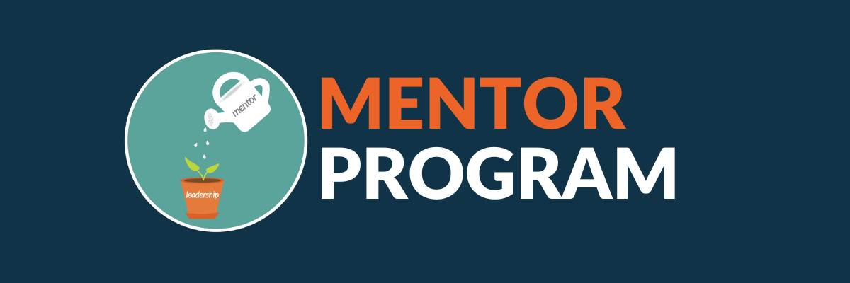 Banner for a Mentor Program, featuring a watering can labeled "mentor" nurturing a small plant in a pot labeled "leadership."