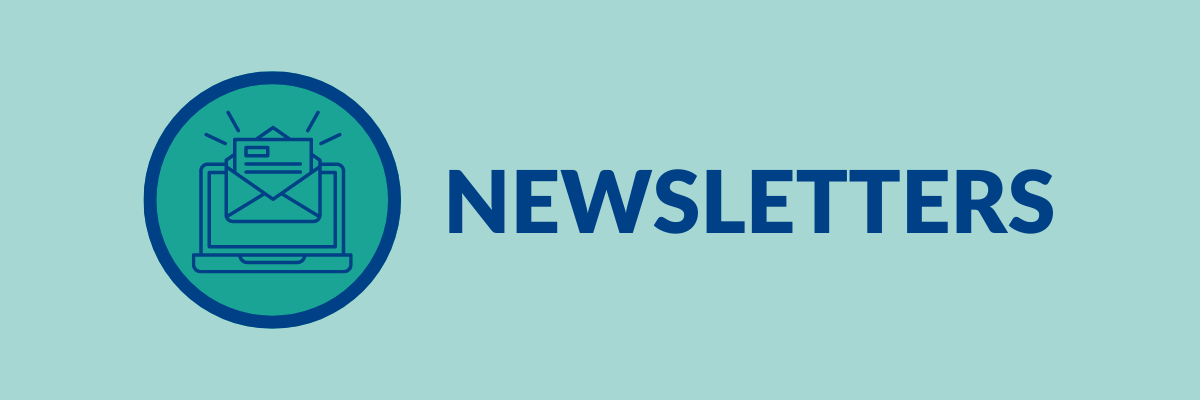 A promotional banner for newsletters, featuring an email icon inside a circular badge on a light blue background.