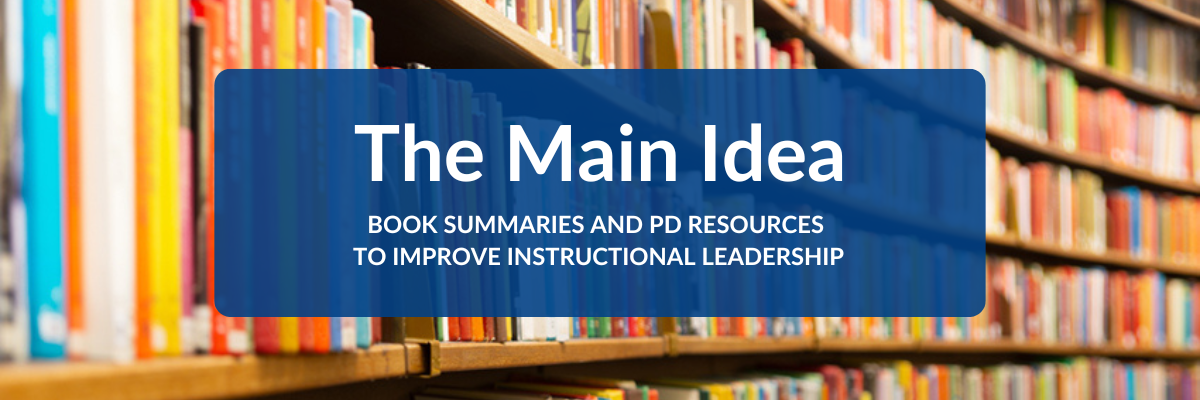 A promotional banner for "The Main Idea," featuring book summaries and PD resources, over a blurred background of colorful bookshelves.