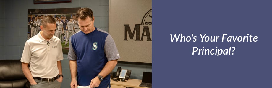 Dr. Scott Seaman chats with former Seattle Mariners manager Scott Servais in Servais’ office, with a poster of the Mariners team in the background. Text reads, ‘Who’s Your Favorite Principal?