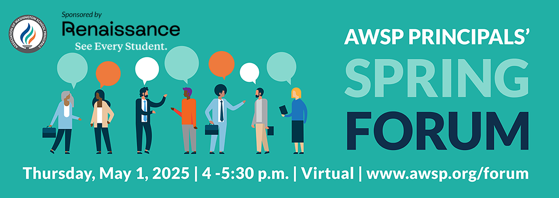 Banner for AWSP Principalsβ Spring Forum with diverse illustrated figures and event details for May 1, 2025.