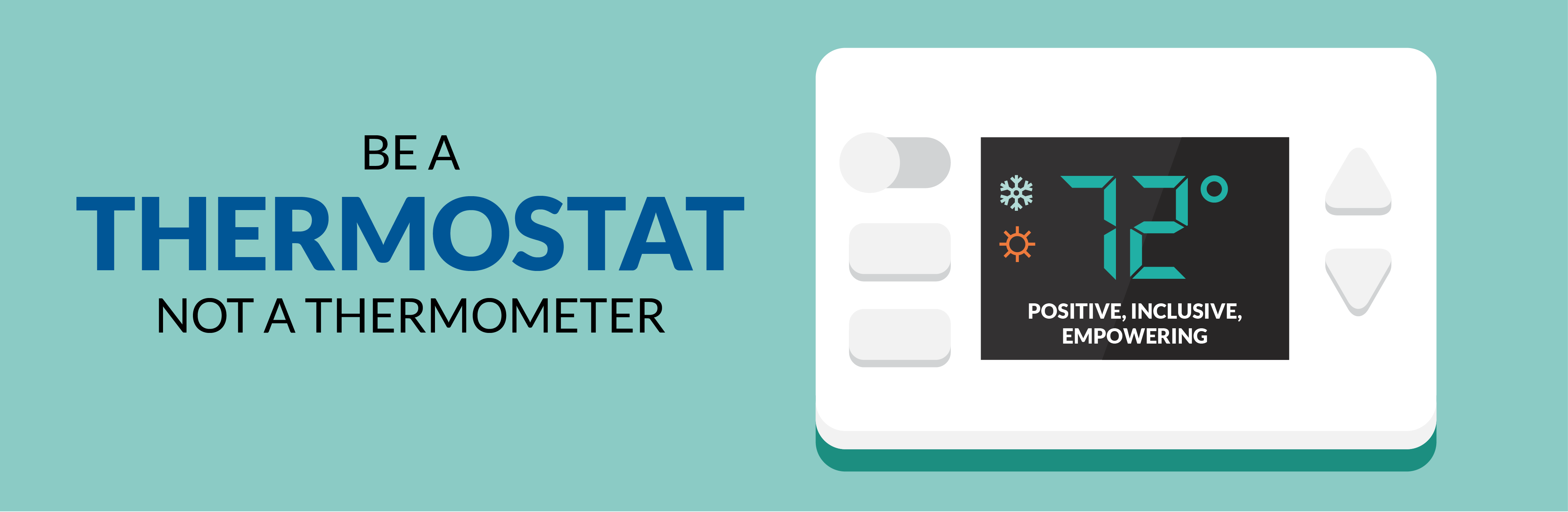 Image of a thermostat set to 72 degrees and "positive, inclusive, empowering."