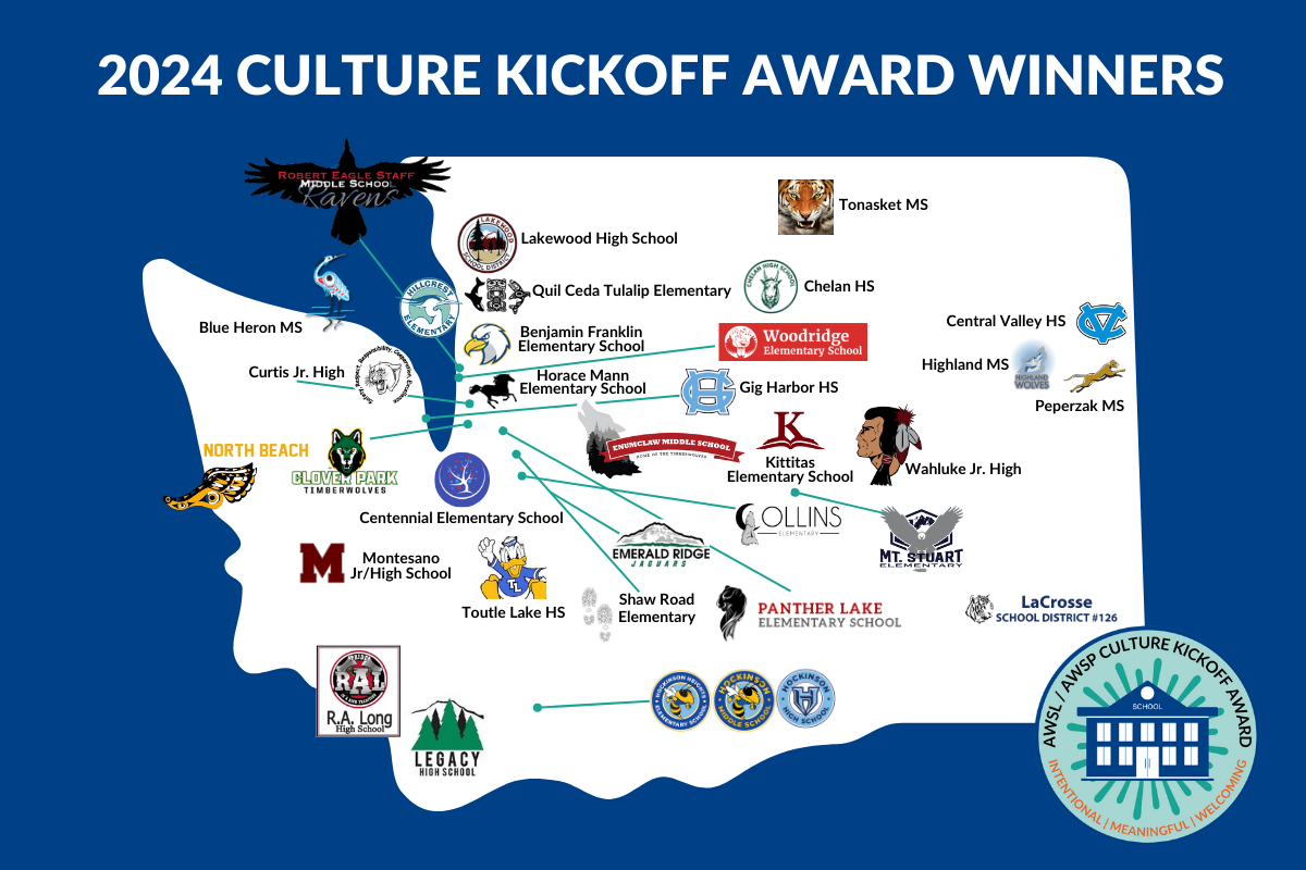 Map of Washington state showing 2024 Culture Kickoff Award-winning schools with logos and school names.