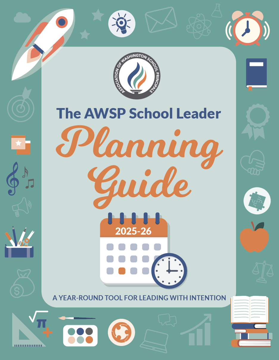 Cover of the 2025–26 AWSP School Leader Planning Guide with icons of school-related items surrounding it.