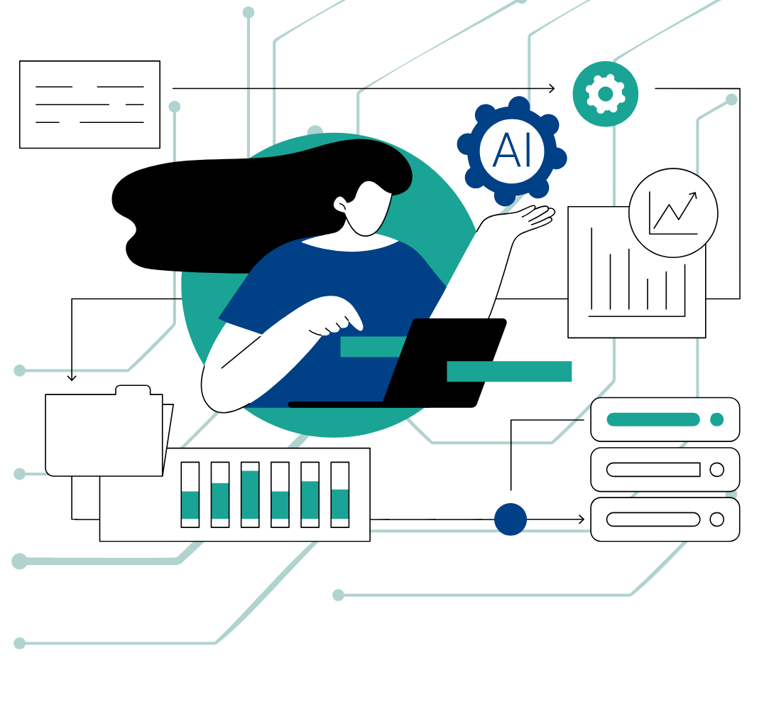 Illustration of a person at a laptop surrounded by AI, data, and analytics icons and graphs.