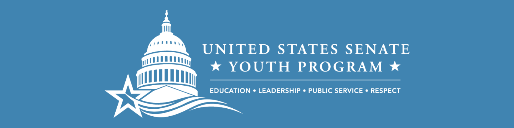 Banner for the United States Senate Youth Program featuring a white Capitol dome and star graphic on a blue background. The text reads ‘United States Senate Youth Program’ with the tagline ‘Education • Leadership • Public Service • Respect’ below.