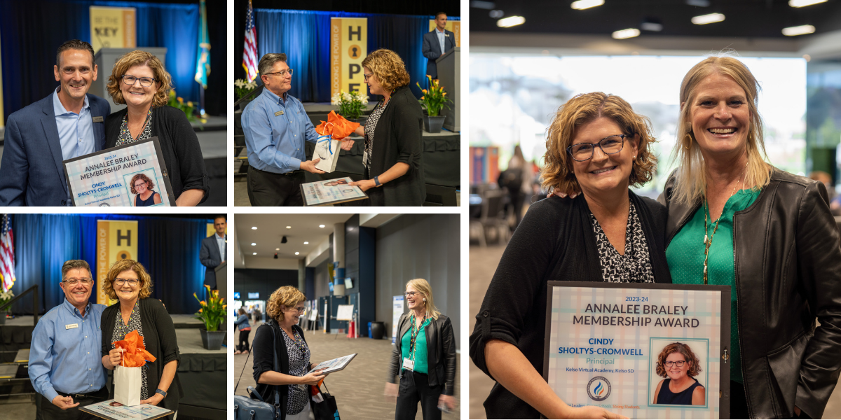 multiple photos of cindy cromwell posing with her award and members of AWSP