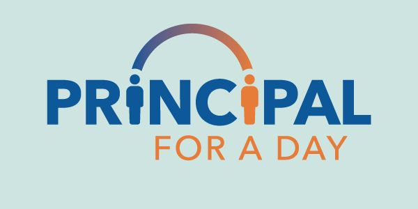 Principal For a Day logo with two human figures replacing the ‘I’ characters, connected by a gradient arch from blue to orange.