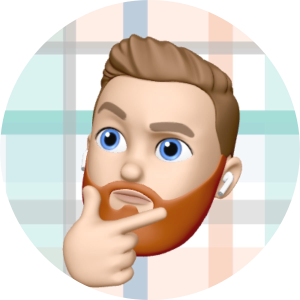 memoji of a man with a beard holding his thumb and finger to his chin in a thinking pose