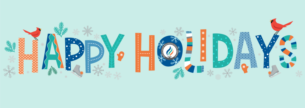 Happy holiday message and graphic from the Association of Washington School Principals. Graphic features birds, stockings, ice skates, snowflakes, and other winter icons.