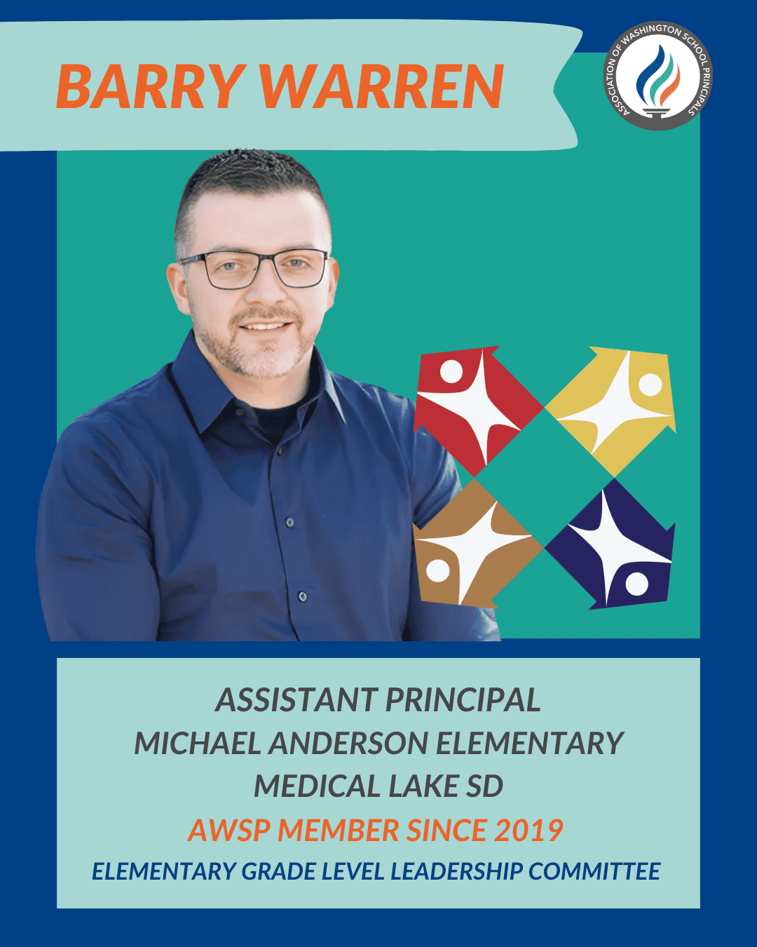 Portrait of Barry Warren, assistant principal at Michael Anderson Elementary, with AWSP membership details.