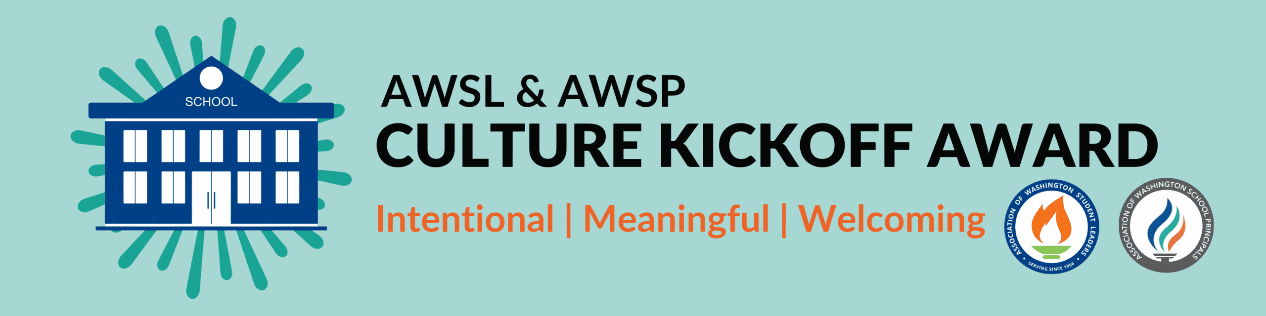 Culture Kickoff Award Page Banner 1800x4502 Blue schoolhouse with rays, text