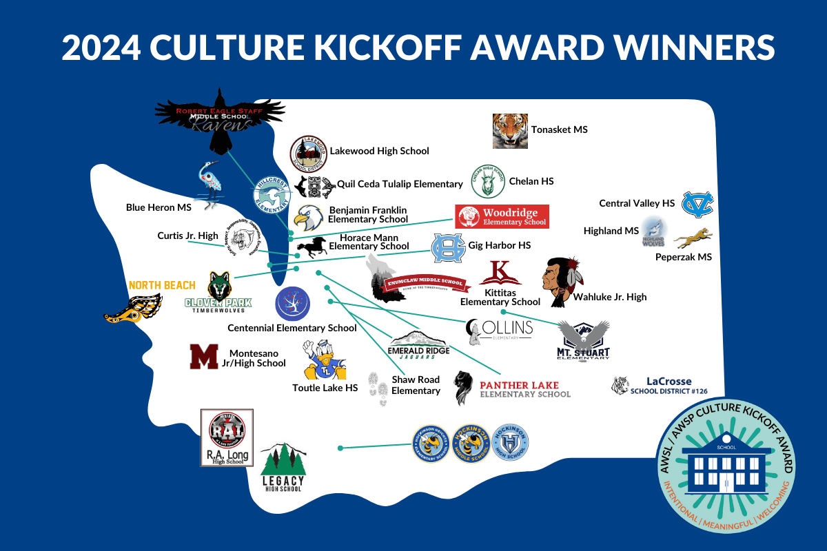 Culture Kickoff Award Winners Map Map of Washington state showing 2024 Culture Kickoff Award-winning schools with logos and school names.