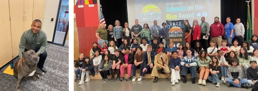 Left: A smiling man kneels beside a large gray dog in an office hallway. Right: A large group of students and adults gather on a stage to celebrate the 2025 Schools on the Rise Award.