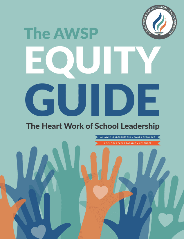 Cover of "The AWSP Equity Guide" with raised multicolored hands and heart symbols on palms.