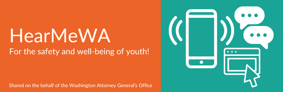 Image with half orange, half teal background. Orange half contains writing introducing the AOG's HearMeWA program. The teal side has white icons of a phone ringing, chat conversation, and webpage.