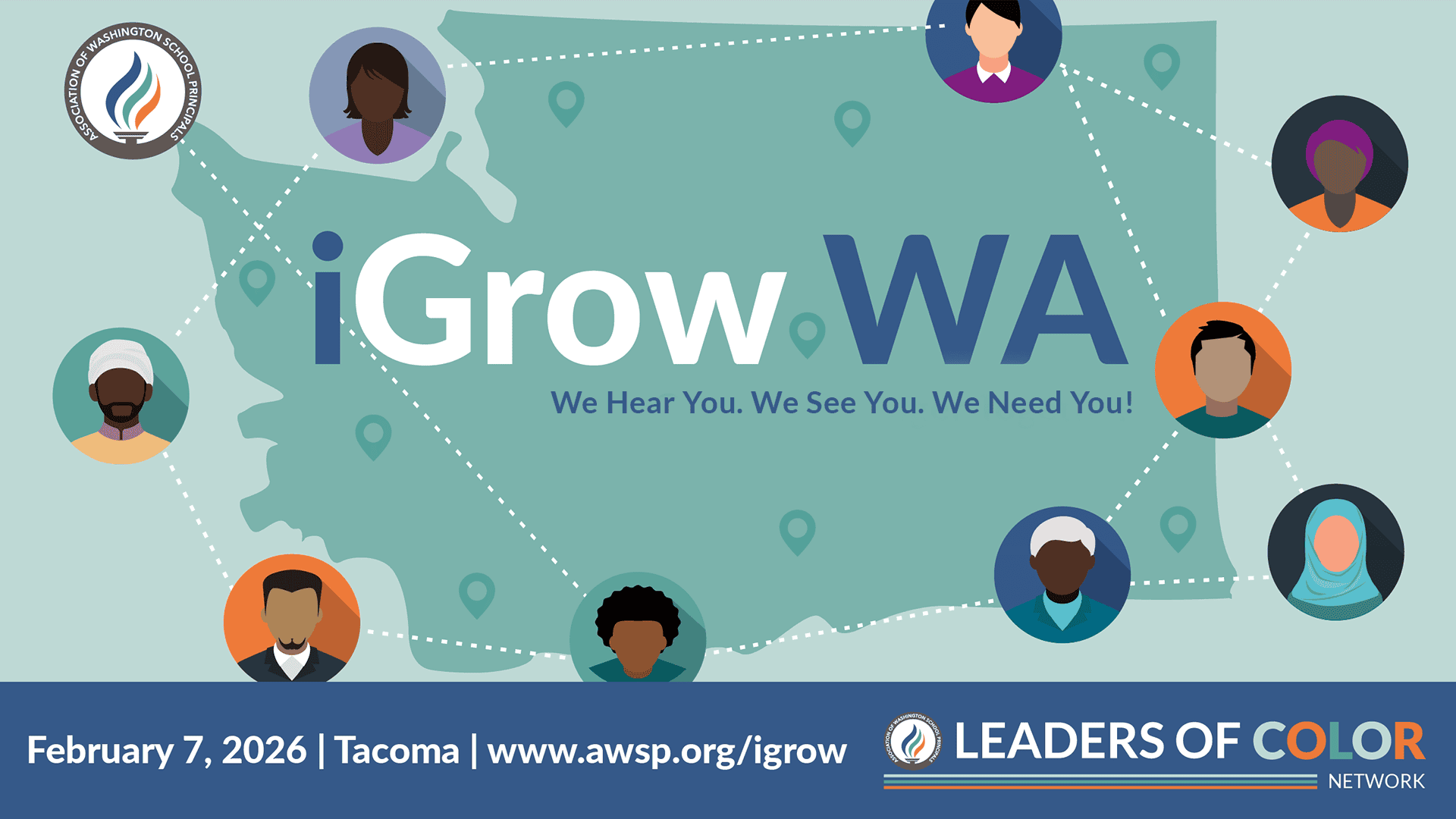 iGrow WA event graphic with diverse illustrated faces around Washington state map, dated Feb. 7, 2026.