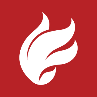 red square with a white flame in the center