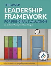 Cover image of the "AWSP Leadership Framework for Principal Evaluation," published by the Association of Washington School Principals, featuring colorful lockers and a door, emphasizing educational leadership evaluation standards.