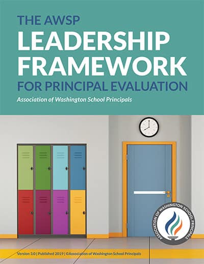 Cover of "The AWSP Leadership Framework" featuring colorful lockers, a blue door, and a wall clock.