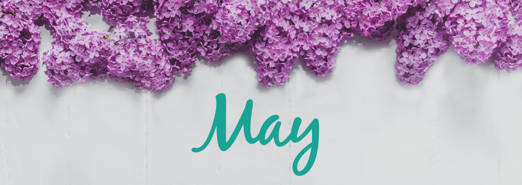 Purple lilacs hang above “May” written in teal script on a white wooden background.