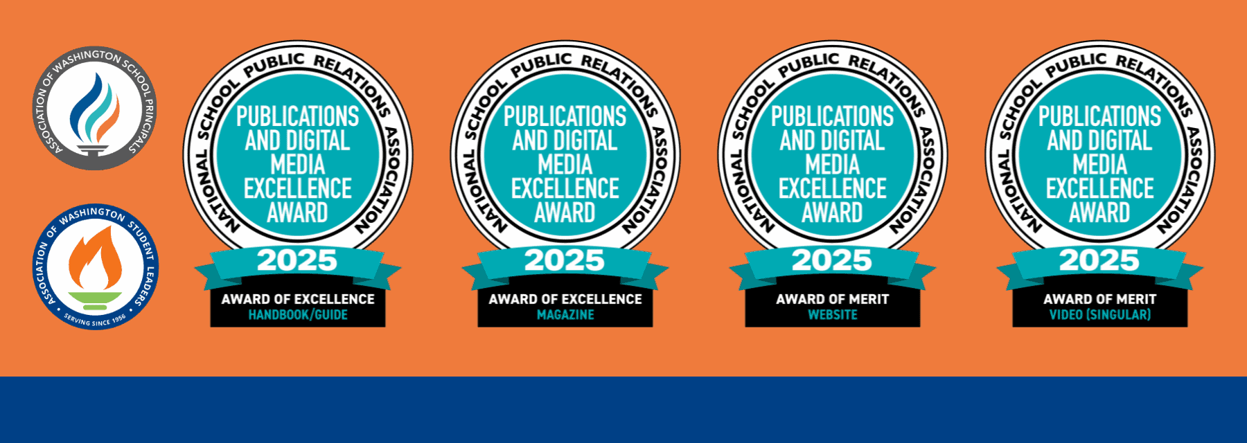 Four 2025 NSPRA awards for AWSP and AWSL in handbook, magazine, website, and video categories.