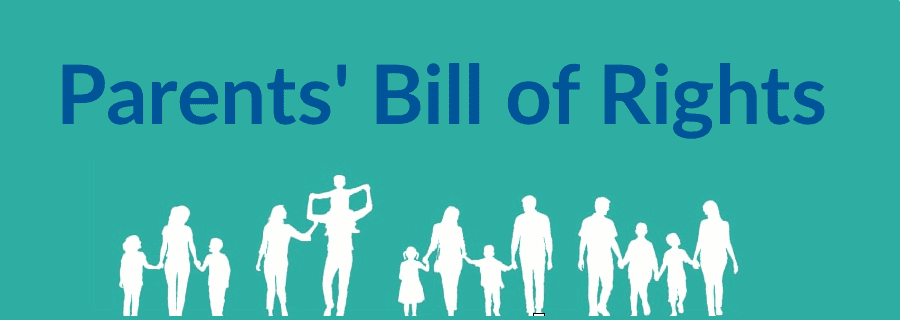 “Parents’ Bill of Rights” text above silhouettes of diverse families with children holding hands on a teal background.