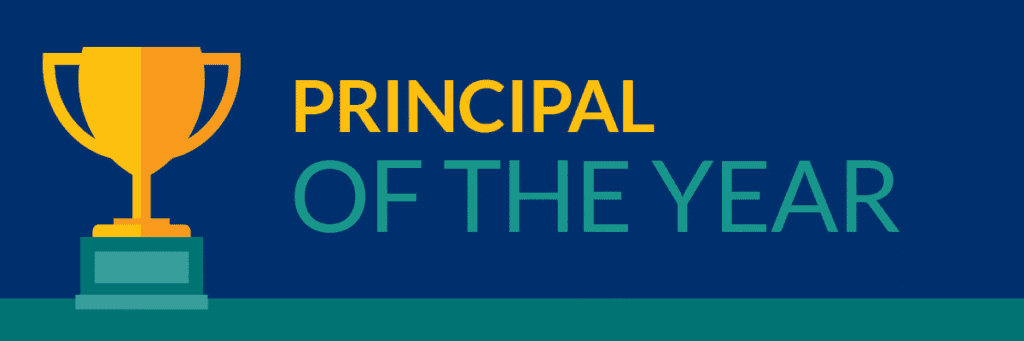 Award graphic featuring a trophy and the text "Principal of the Year," highlighting excellence in school leadership.
