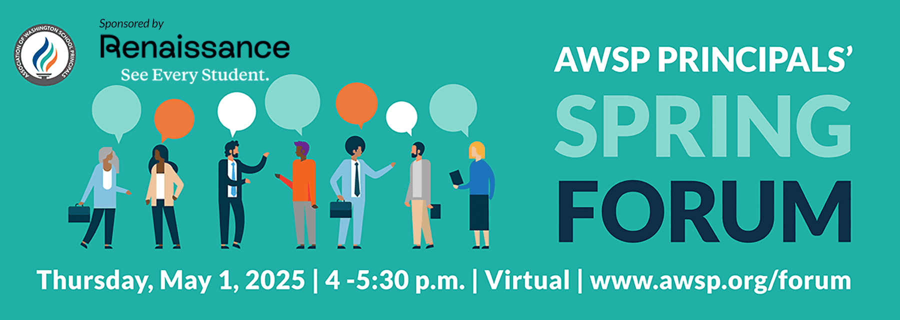 Banner for AWSP Principals’ Spring Forum with diverse illustrated figures and event details for May 1, 2025.