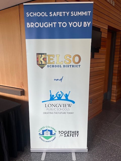 Banner for School Safety Summit sponsored by Kelso and Longview School Districts with safety logos.