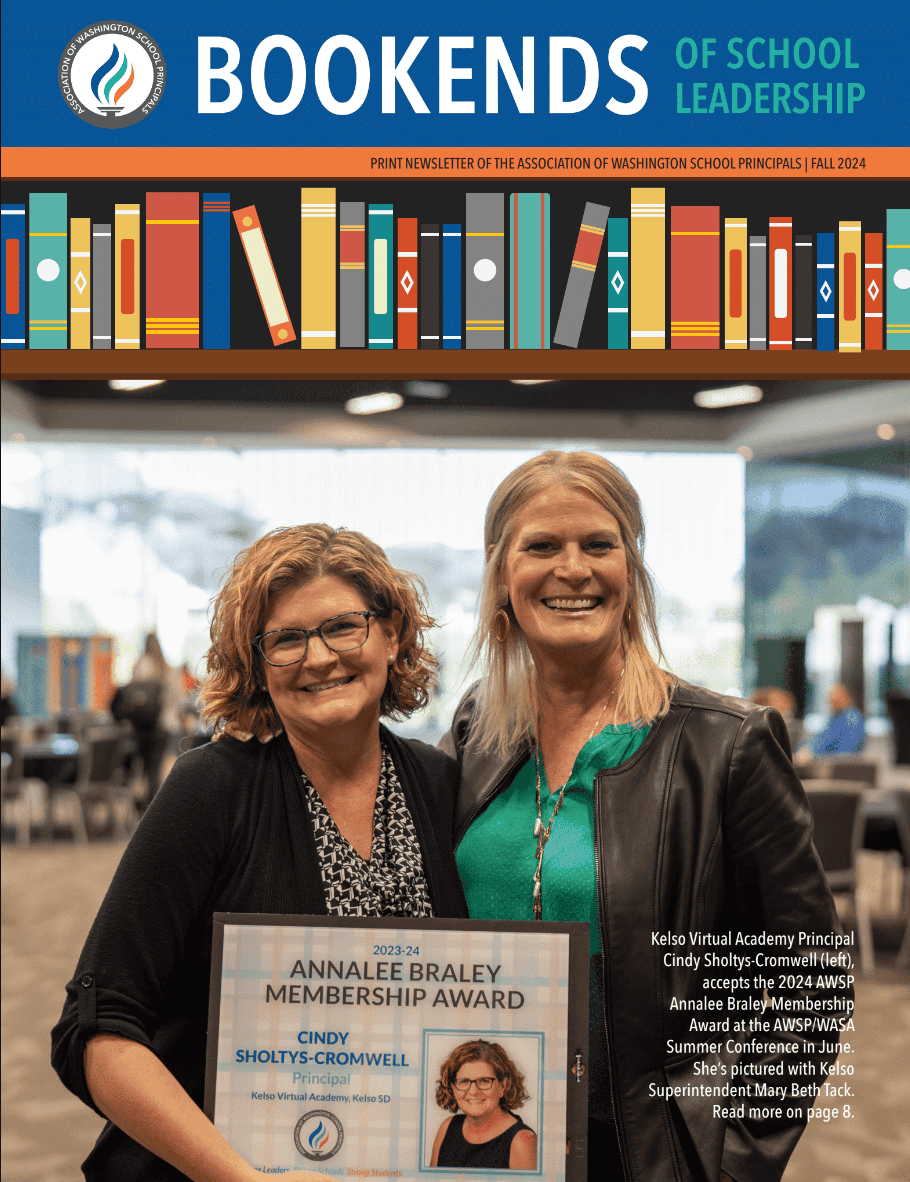 Two women smiling and posing together, holding an award certificate, with a backdrop of a library-themed design. The image is featured on the cover of "Bookends of School Leadership," highlighting achievements in educational leadership.