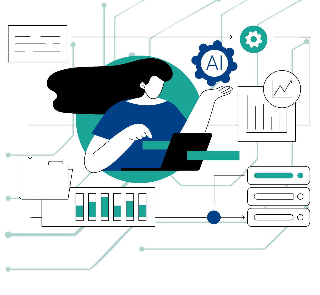 Illustration of a person at a laptop surrounded by AI, data, and analytics icons and graphs.