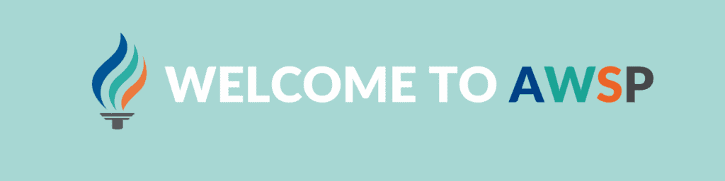 Logo and welcome banner for AWSP, featuring a stylized torch symbol and the text "Welcome to AWSP" in a modern font.